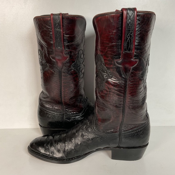 Vintage Lucchese Black Cherry Ostrich Quill Cowboy Boots 10 B Inlay New Soles - Picture 12 of 16
